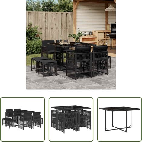 Gartentisch - 9-tlg. Garten-Essgruppe mit Kissen Schwarz Poly Rattan (1/5)