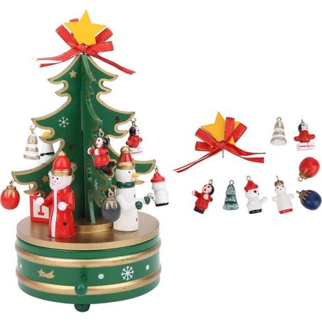 Boîte à Musique de Noël, boîte à Musique en Bois Arbre de Noël tournant Musical avec 9 Accessoires de décoration(Vert) (1/4)
