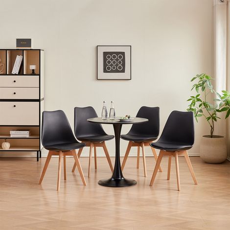 Wokaka Ensemble table et chaises 5 pieces – Table ronde 80cm noir– Chaises de 4 en bois massif ergonomiques(noir) – Design scandinave