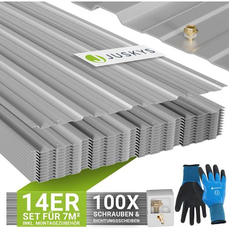 JUSKYS® Profilblech Grau - 14er Set, Verzinkter Stahl, UV-beständig, hohe Tragfähigkeit, mit vorgebohrten Löchern, 110x45 cm, 0,23 mm