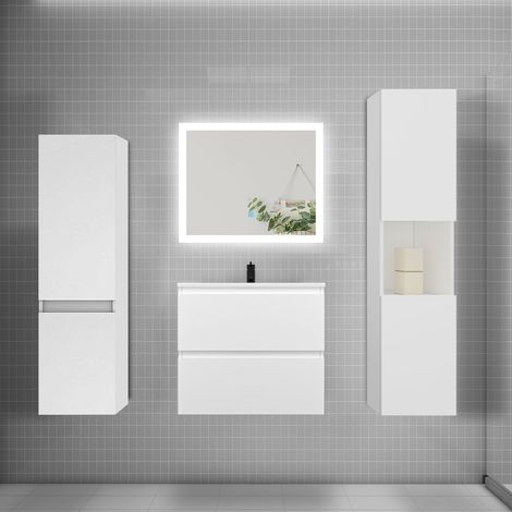 Ensemble meuble de salle de bains 60cm, vasque et colonne et LED miroir rectangulaire,blanc (1/5)
