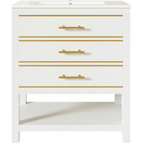 Mobile bagno freestanding bianco con lavabo in ceramica, 2 cassetti e vano aperto, 76 cm (1/5)