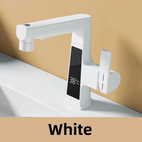 Robinet de salle de bain (blanc) à LED, affichage numérique de l'eau chaude et froide, extractible. (1/5)