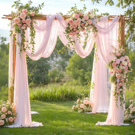 LOLLANDA Voile de mariage en maille - Décoration de scène de fête de mariage en plein air - Rideau de chaise d'arche de mariage en maille - Rose - 1,6 m x 6 m (1/5)