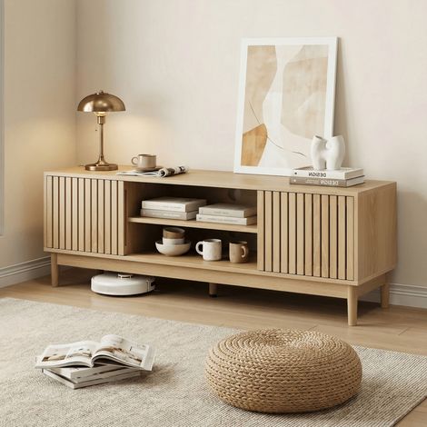 Meuble TV 140 cm –  Pour écrans 55/65 pouces – Rangements intégrés – Console multimédia pour salon ou chambre – Couleur chêne - 140x40x48cm