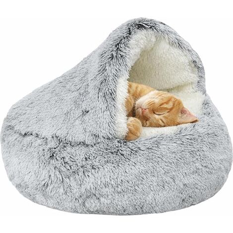 Lit pour Chat,Doux en Fausse Fourrure,Coussin Lavable avec Capuche,Lit Rond en Peluche pour Chat,Cochon d'Inde et Chaton, Gris, 40 cm (1/3)