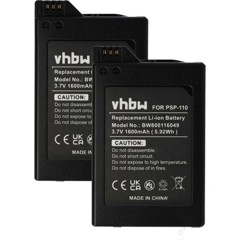 vhbw 2x Akku kompatibel mit Sony PSP-1000K, PSP-1000, PSP-1000G1, PSP-1000G1W Spielekonsole (1600 mAh, 3,7 V, Li-Ion)