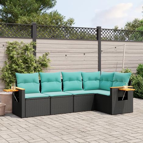 5-tlg. Garten-Sofagarnitur mit Kissen Schwarz Poly Rattan (1/5)