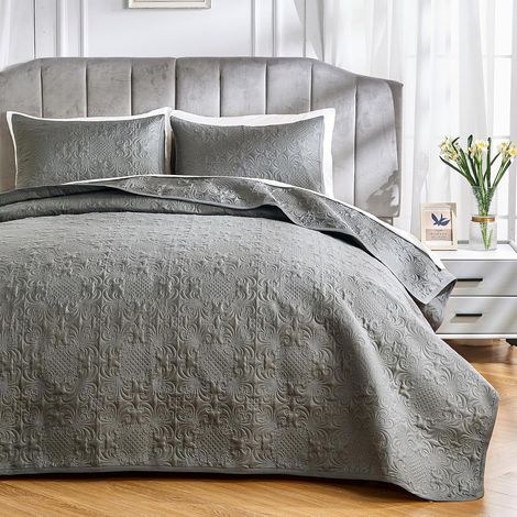 Couvre Lit Dessus de Lit et Boutis matelassé Ultrasonique en Microfibre Brossée Douce et Légère, Élégant Couvre Lit Beige à Motif Floral (Gris, 220x240cm) (1/5)