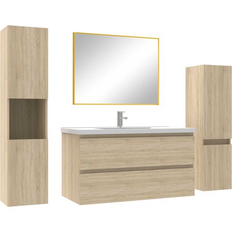 Ensemble meubles Salle de Bain 100cm vasque + colonne + miroir mural Chêne Wotan