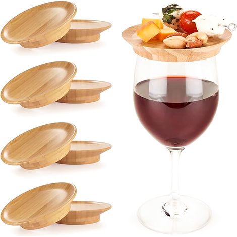 Lot de 4 couvercles en bambou, diamètre 10 cm, réutilisables pour verres à vin et plateau charcuterie, accessoire anti-poussière (1/5)