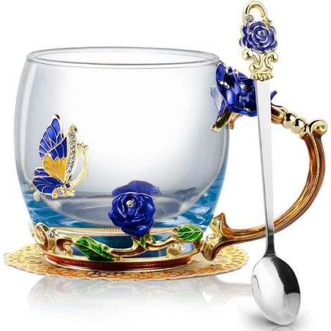 Tasse En Verre - 330 ml - Motif Rose Bleue Et Papillons En Relief - Cadeau Pour Femme - 1 Pièce (1/4)