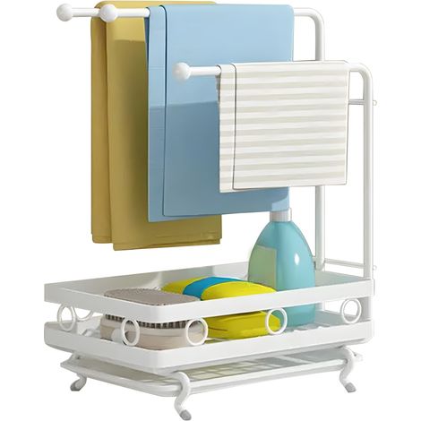 Heikoeco® Organiseur d'Evier, Organiseur de Cuisine en Métal, Organiseur de Salle de Bains avec Porte Eponge & 3 Porte-Lavettes & Egouttoir Amovible, Rangement Extra Durable pour Cuisine (Blanc, Pied)