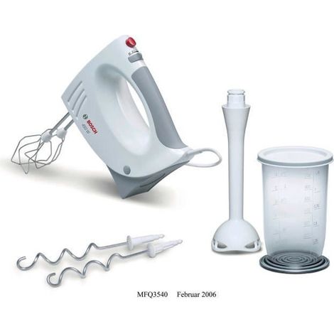 Bosch – Batteur électrique 450W – 5 vitesses – 2 fouets inox – 2 crochets pétrisseurs inox – Accessoire mixeur plastique – Bol mélangeur avec couvercle (1/6)