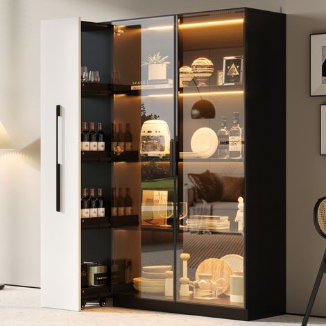 Vetrina da salotto con illuminazione a LED - L 110,5 x H 160 x P 35 cm - Vetro temperato e vano laterale scorrevole - Design moderno - Nero (1/5)