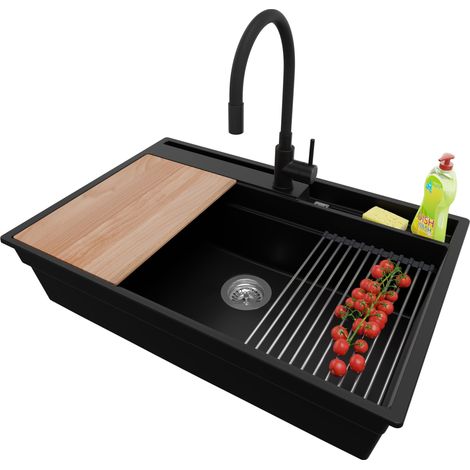PRIMAGRAN Evier Cuisine en Granit 78x53cm, Lavabo 1 bac + Robinet 40x38cm + Kit de Vidage + Accessoires, Évier à Encastrer au meuble 80cm - Oslo Pocket, Noir