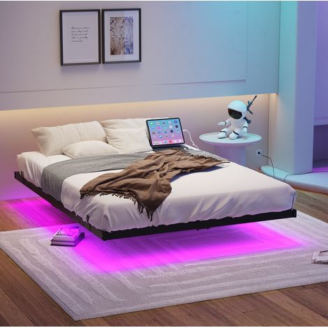Lit 140x200 flottant LED, chargeur métal noir HAVRYA (1/5)
