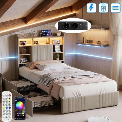 Lit 90x200 avec sommier LED et USB, lit simple coffre avec 2 tiroir de rangements, lit bibliothèque pour ado et enfants, lin, beige