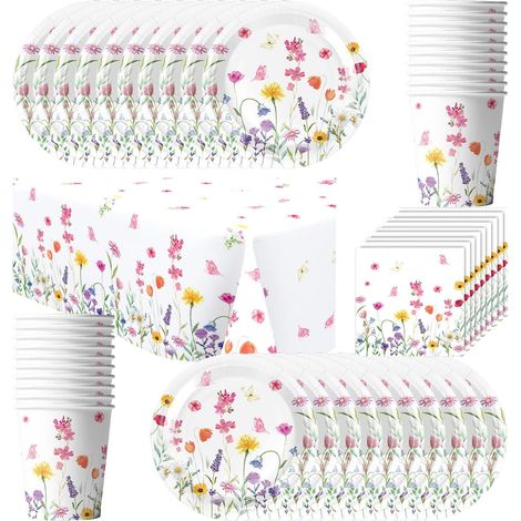 Vaisselle de fête florale de printemps 61 pièces avec assiettes, gobelets, serviettes et nappes pour fête d'anniversaire pour 20 personnes (1/5)