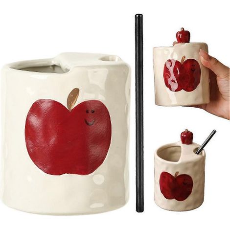Mug à café original en céramique avec paille, décoré d'un joli graffiti de pomme, cadeau idéal pour les amateurs de café. (1/5)