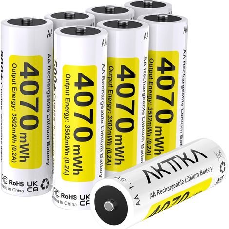 Piles AA Lithium Rechargeables,8 Pièces,4070 mWh,1,5 V.Uniquement pour Chargeurs Lithium-ION,Convient Aux Manettes De Jeu,Serrures Intelligentes,Souris Et Claviers,Thermomètres Auriculaires (1/5)