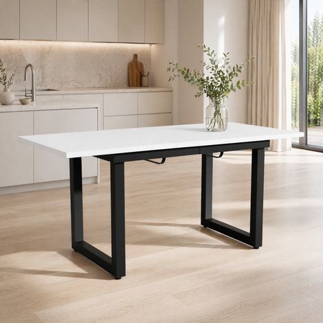 Table à manger extensible 180×80×75 cm, style industriel, Pieds de table réglables et silencieux, MDF, blanc et noir (1/5)