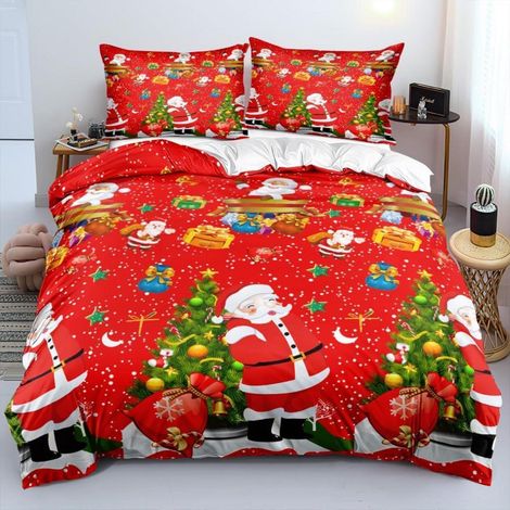 Ensemble de literie Noël 220x240cm Rouge Microfibre avec motif de Noël