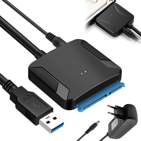 Câble adaptateur SATA vers USB 3.0 pour disque dur 2,5/3,5" HDD/SSD - Avec adaptateur secteur 12 V/2 A, haute vitesse 6 Gbps, convertisseur de disque dur externe (Windows/Mac/Linux) (1/5)