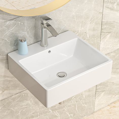 Geworzi Lavabo suspendu céramique avec trou de robinetterie et trop-plein Lave Mains Rectangulaire 53 x 42 cm (1/5)