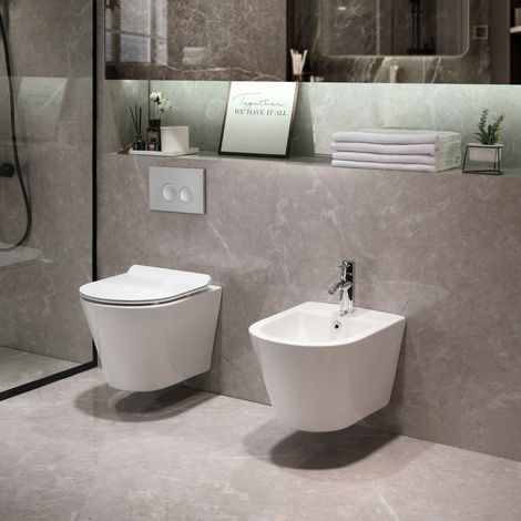 Horow – WC suspendu sans rebord et bidet – Charge jusqu'à 400kg – Rinçage rotatif efficace – Siège softclose en céramique