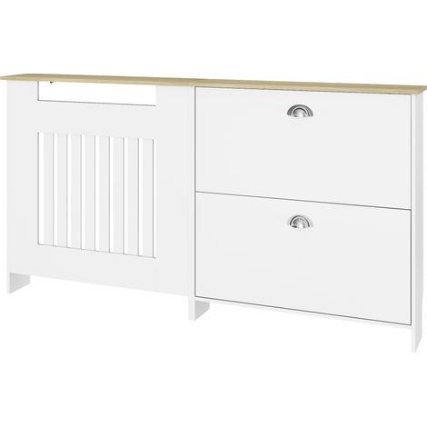 Cache-radiateur 152 x 19 x 81 cm avec porte-chaussures avec 2 tiroirs pliants, Blanc (1/5)