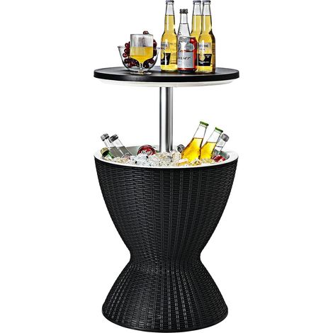 Costway – Table glacière 30L 2 en 1 avec plateau relevable – Seau à glace imitation rotin – Bouchon de vidange – Pour cocktails et bières – Ø 43 x 57,5-82 cm (Noir)