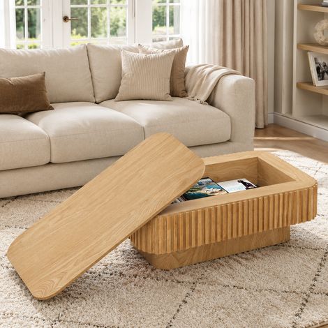 Couchtisch (105x25x67 cm), mit abnehmbarem Klappdeckel und großem Stauraum, geriffelt, Massivholz und MDF, Naturholz (1/5)