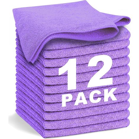 Panni in microfibra viola, confezione da 12 pezzi, morbidi, assorbenti, riutilizzabili e senza pelucchi, 30x30 cm, per la pulizia di casa e auto. (1/4)