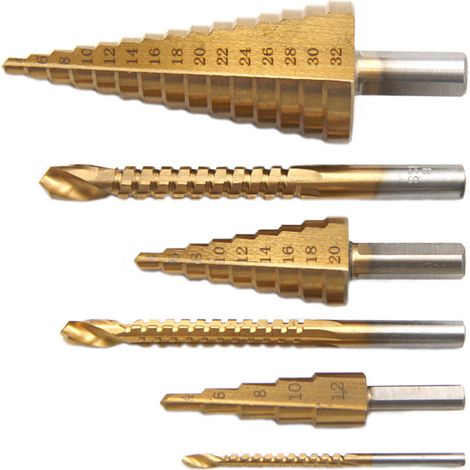 Juego de 6 brocas escalonadas helicoidales HSS con revestimiento de titanio para madera y metal, para plástico, madera y metal, bricolaje. (1/5)