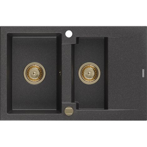 Mexen Gaspar évier en granit à 1,5 cuvette avec égouttoir 737 x 475 mm, Noir moucheté, siphon Or - 6507731505-76-G (1/5)