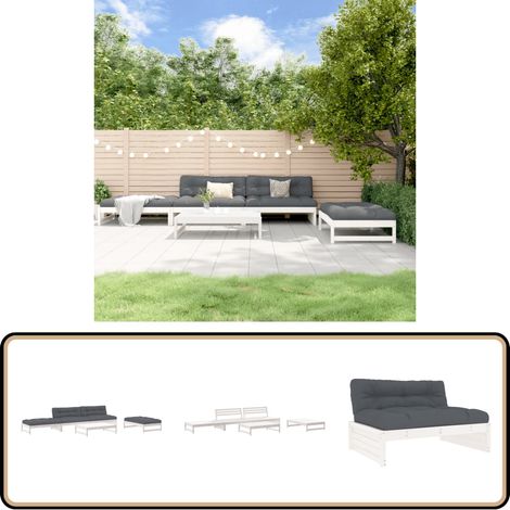 5-tlg. Garten-Lounge-Set mit Kissen Weiß Massivholz - Gartensofa - Loungesessel - Gartenmöbeln - Rattan Möbel - Holz Gartenmöbel