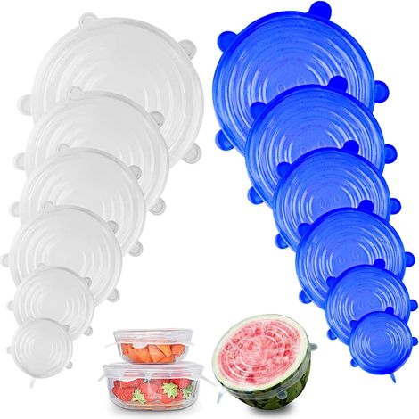 Lot de 12 Couvercles en silicone, Réutilisable et extensible en permanence, Couvercles de différentes tailles, pour bocaux, bols, bouteilles(Bleu blanc) (1/5)