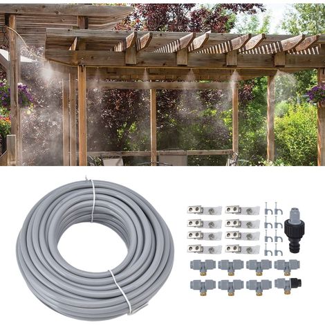 Kit de buse d'atomisation pour tuyau d'arrosage extérieur basse pression de 15 mètres, permettant l'humidification, le refroidissement et la suppression de la poussière (1/5)