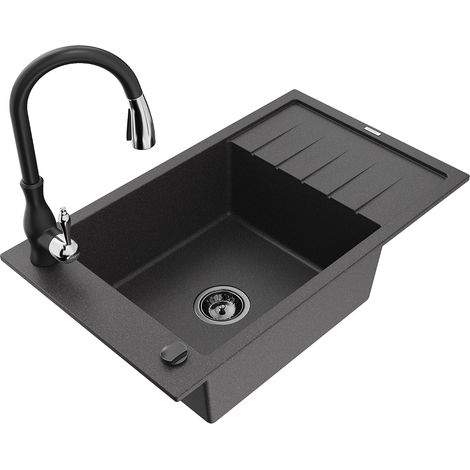 Mexen Elias fregadero de granito de 1 cubeta con escurridor y grifo de cocina Savita, negro moteado - 6511-76-672601-70-B (1/5)
