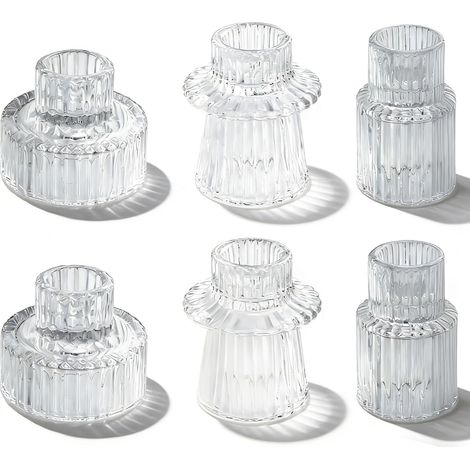 Lot de 6 bougeoirs en verre 2 en 1 pour bougies chandelles - Petits photophores transparents pour décoration de table de mariage, table à manger, fête, Noël, l'Avent - Décoration vintage (1/5)