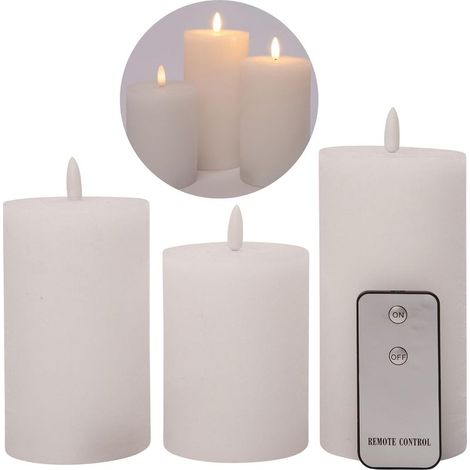 Lot de 3 bougies LED, 7,5 cm de diamètre, bougies à flamme vacillante avec télécommande, BLANC, 15 cm + 12,5 cm + 10 cm de hauteur, bougies LED avec