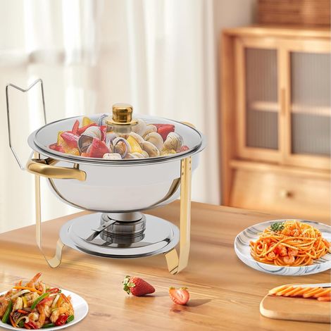 Chafing Dish - Récipient rond de 5 l - En acier inoxydable - Diamètre : 302 x 225 mm - Avec couvercle en verre - Pour restauration, buffet et fête - Doré (1/5)