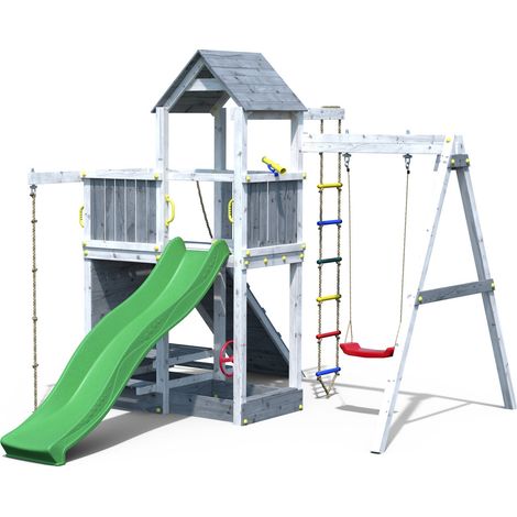 FLA FLI FLO Activer with Green Slide - Outdoor Play Set - Pressure Treated Wood - L390 x W410 x H274 cm - Grey/White (1/5)