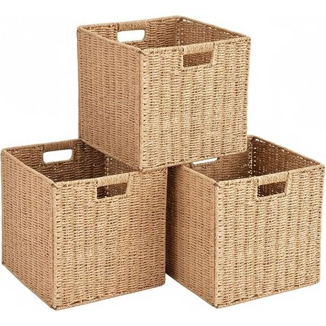 Lot de 3 paniers de rangement tressés,Panier de rangement étagère pliable,boîte d'étagère Storage Box (Beige taupe-28Cm) (1/5)