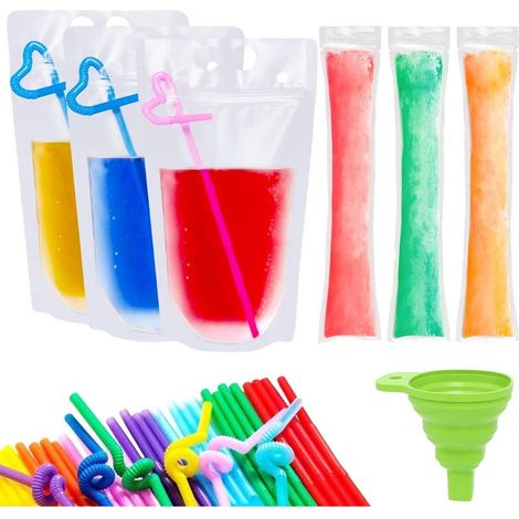Wiederverwendbare Trinkbeutel – Individuelle Kühlakkus – Doppelreißverschluss – 30 Stück à 500 ml + 100 Einwegbeutel + 30 Strohhalme + 1 Trichter (1/5)