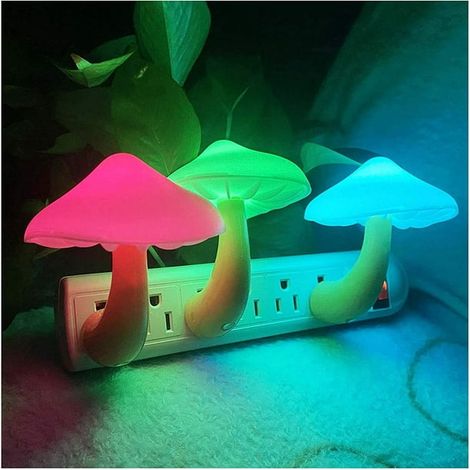 Lot de 3 lampes LED champignon avec détecteur crépusculaire, veilleuse murale branchée multicolore 7 couleurs pour chambre (1/5)