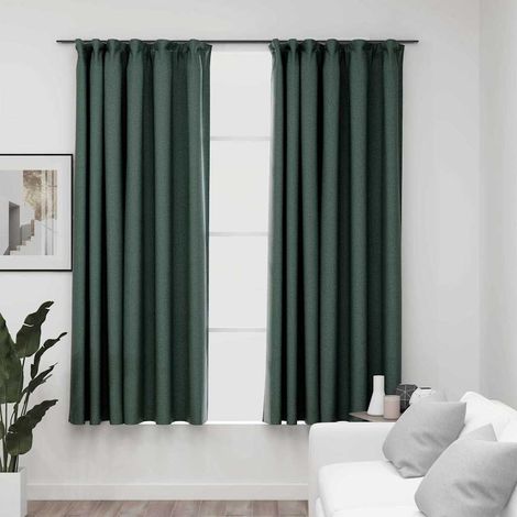 vidaXL Cortinas opacas con ganchos look de lino 2 pzas verde 140x175cm (1/5)