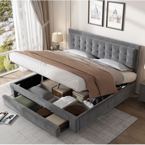 Letto matrimoniale 180x200 cm grigio in velluto con testiera regolabile e contenitore (1/5)