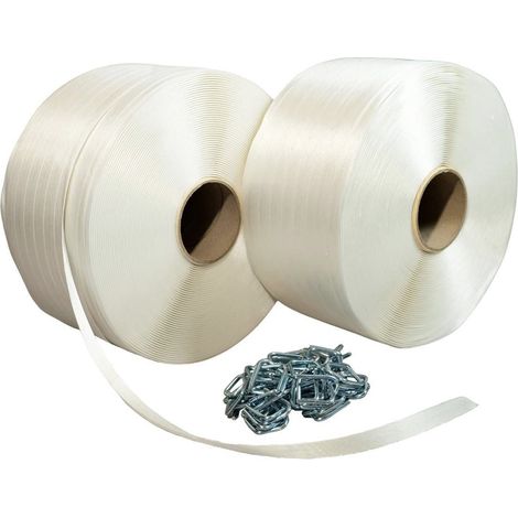 Pack 2 Umreifungsbänder Draht zu Draht 19 mm x 600 m + 250 GRATIS Schnallen - Textilband Widerstand 550kg - TECPLAST PFF2